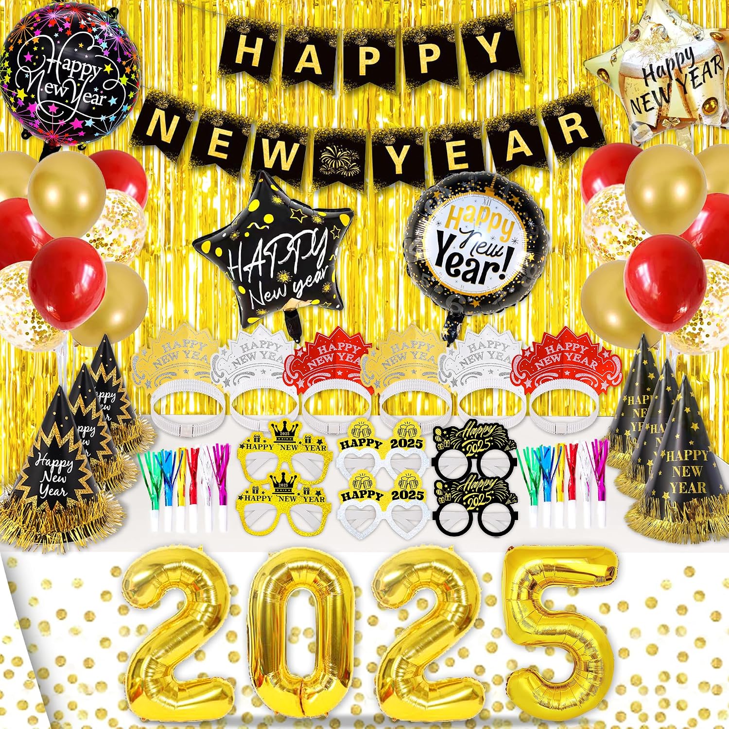 Happy New Year Decorations 2025, 57 Pcs New Years Eve Decorations 2025 32 Inch XXL, Black Gold Happy New Year Banner, Balloons, Gold Fringe Curtains, Party Tablecloth, Party hats, Tiaras, Eyeglasses