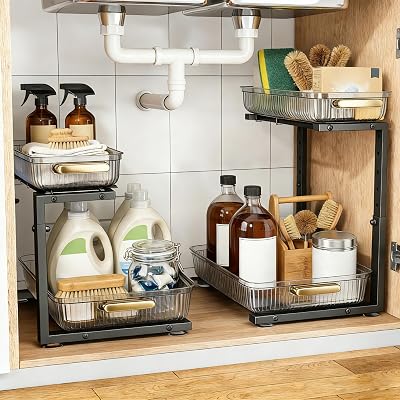 Under Sink Organizer - 2 Packs Multi-Purpose Pull-Out Storage Organizers, Slide out Pull out Cabinet Organizer Shelf, Storage for Kitchen Bathroom, Clear
