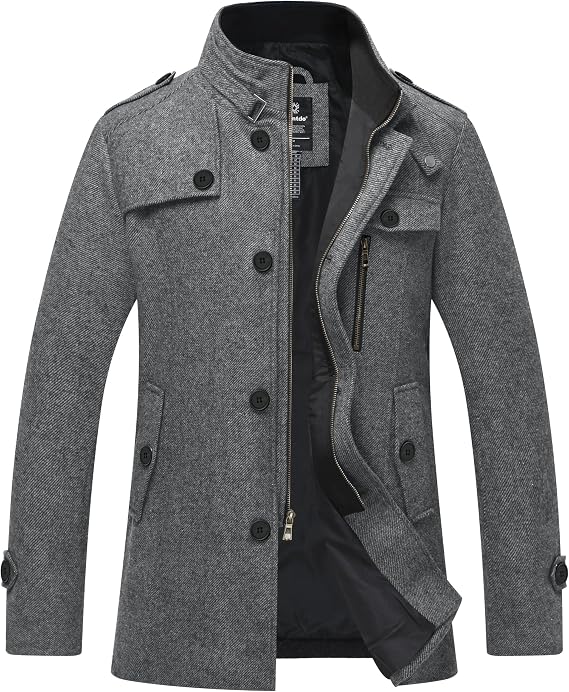 wantdo Men's Wool Blend Jacket Stand Collar Windproof Pea Coat