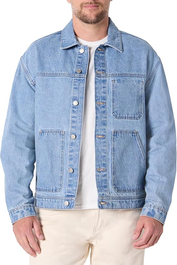 Amazon Essentials Men's Heavyweight Rigid Denim Relaxed-Fit Utility Jacket with Pockets, Shank Button Closure