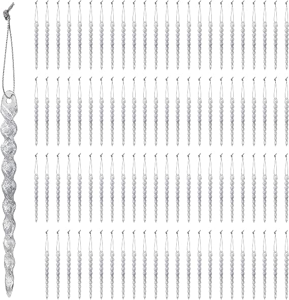 Icicle Christmas Ornaments Set of 96, Silver Iridescent Glitter Icicles, 5 Inch Hanging Xmas Tree Decorations, Sparkly Winter Icicle Ornaments for Christmas Tree, Holiday Party, Garland & Home Decor