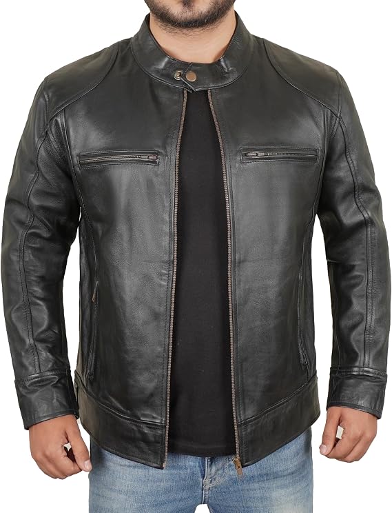 Real Lambskin Leather Jacket Men - Biker Style Zip Up Jacket