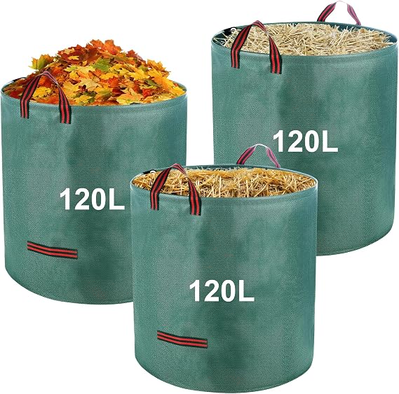 3 x 120 L Garden Waste Bag Sturdy Garden Sack Leaf Bag with Handles Green Cutting Bags Foldable Waterproof for Garden Waste Lawn Cutting Weeds