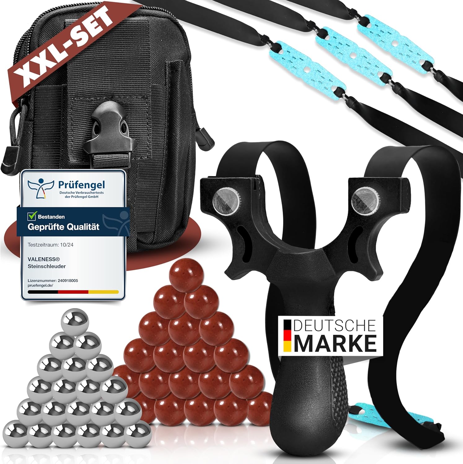 VALENESS ® Slingshot [XXL Set] - Precise Professional Twin with 4 Rubber Bands 300 Clay Balls 100 Metal Balls & Bag [Slingshot for Beginners & Professionals]