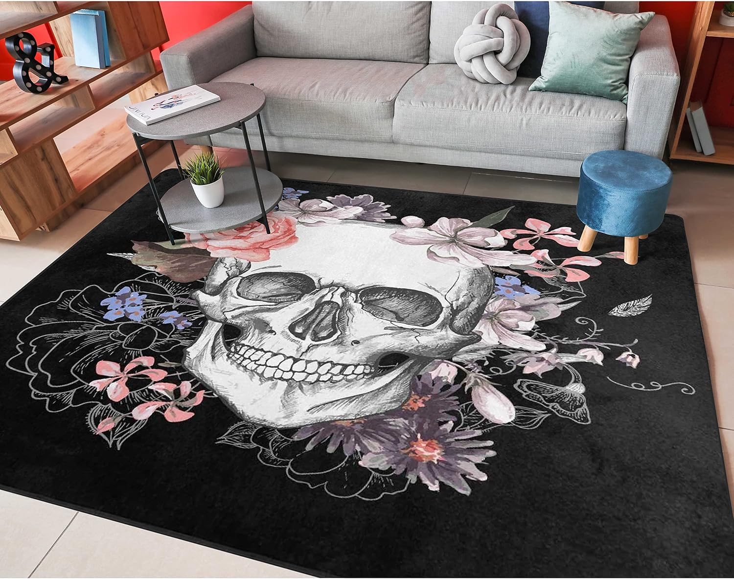 ALAZA Rose Sugar Skull Non Slip Area Rug 5 x 7 for Living Dinning Room Bedroom Kitchen Hallway Office Modern Home Decorative