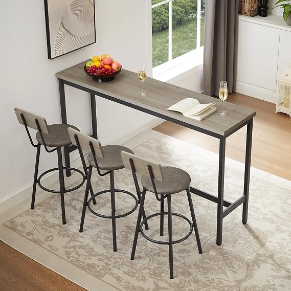 Tmsan 63" L Bar Table and Chairs Set for 3, 4 Piece Long Rectangle Pub Bistro Dining Table Set with 3 PU Upholstered Bar Stools, Counter Height for Kitchen Restaurant