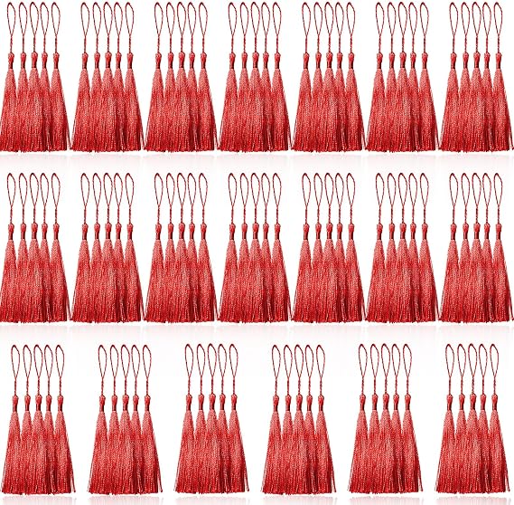 100 Pcs Red Mini Tassels 13cm/5 Inch with Loops for Bookmarks, Jewelry Making, DIY Projects