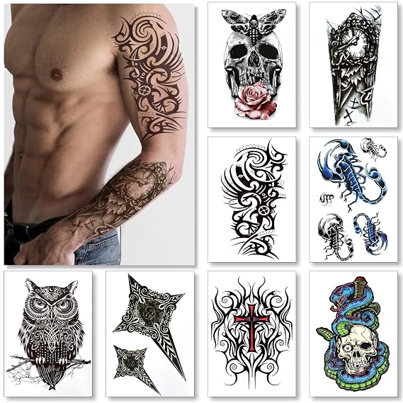Temporary Tattoos For Men Guys Boys & Teens - Fake Half Arm Tattoos Sleeves For Arms Shoulders Chest Back Legs Cross Skull Owl Clock Scorpion Rose Realistic Waterproof Transfers 8 Sheets 8x6"