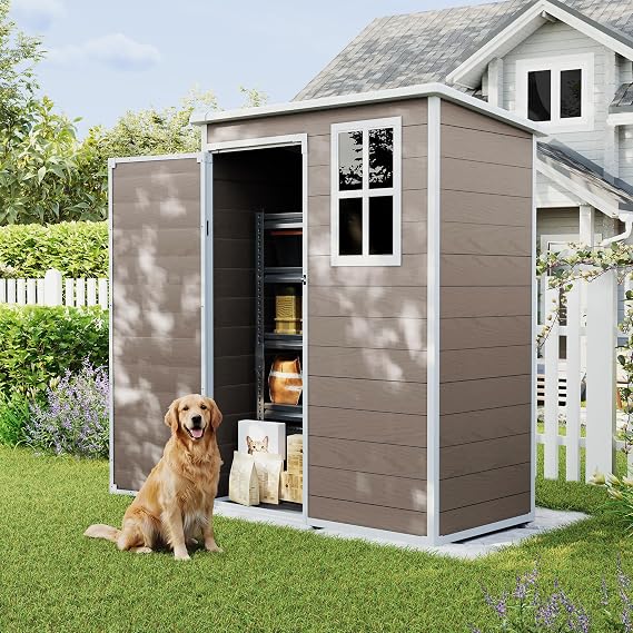 UDPATIO Outdoor Storage Shed 5x3 FT, Garden Resin Shed with Floor, Brown | weather UV resistant, heavy floor, lockable design, quick assembly, space-saving vertical build, multi-scene backyard use