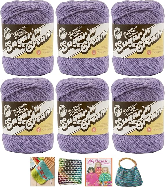 Bulk Buy: Lily Sugar'n Cream Yarn 100% Cotton Solids and Ombres (6-Pack) Medium #4 Worsted Plus 4 Lily Patterns (Hot Purple 01317)