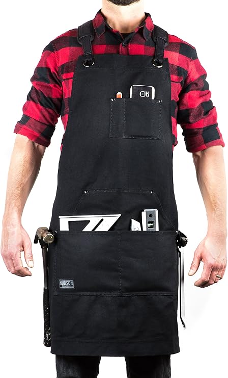 Hudson Durable Goods Deluxe Edition Waxed Canvas Tool Apron for Men and Women, Heavy Duty Work Apron with Front Pockets, Adjustable Padded Straps, Quick Release Buckle, Crossback - One Size, Black