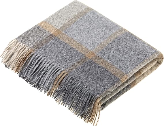 Moon Wool Plaid Throw Blanket, Merino Lambswool, Block Windowpane Beige Grey, Made in UK