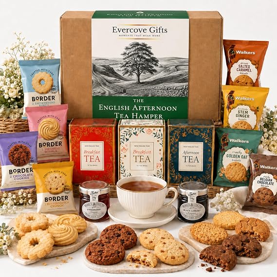 Afternoon Tea Hamper Gift Set with English Tea, Biscuits and Preserves - Tea and Biscuits Gift Set for Women Men, Food Hamper with Walkers Border Tiptree