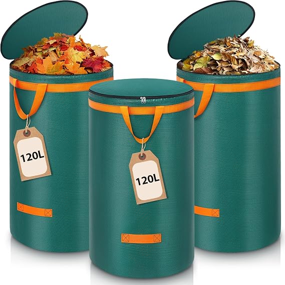 3 x 120 L Garden Waste Bags Sturdy Leaf Bags with Lid and Handles Large Garden Waste Bags Garden Bags Green Cutting Bag Self-Standing Green Cutting Bags Waste Bag for Garden Waste