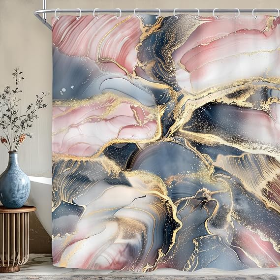 Navy Blue Pink Rose Gold Marble Abstract Modern Bathroom Shower Curtain Set | 60"W x 72"H Purple Ombre; waterproof HD print, quick-dry fabric with plastic hooks for easy hanging.