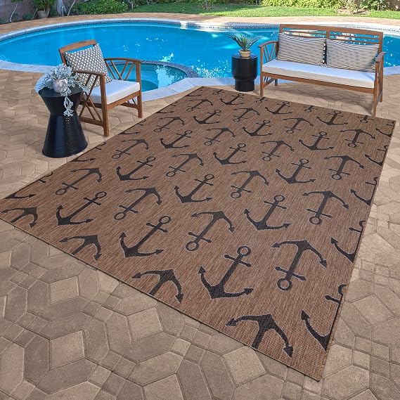 Gertmenian Indoor Outdoor Area Rug, Classic Flatweave, Washable, Stain & UV Resistant Carpet, Deck, Patio, Poolside & Mudroom, 9x13 Ft Extra Large, Anchors, Nut Brown Black