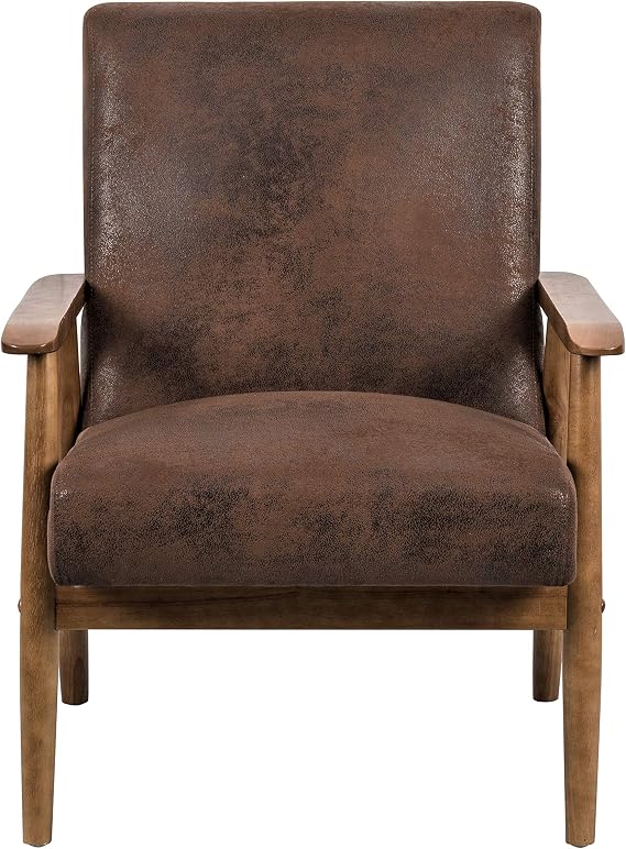Modern Vintage Accent Chair, Leather-Look Microfiber Armchair with Open-Framed Arm Design, Premium Foam Fill on Solid Wood Frame