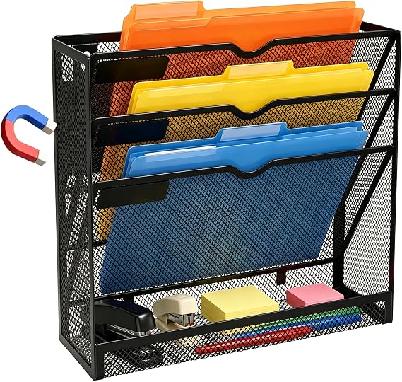 4 Tier Magnetic File Holder, Large Capacity Mesh Hanging Wall Organizer Vertical Magnetic Hanging File Organizer, Magnetic File Folder Holder for File Cabinets, Office, Whiteboard (Black)