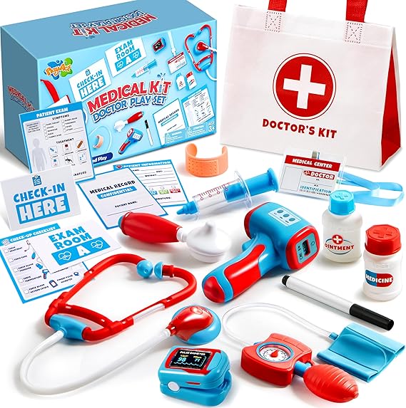 Play-Act Kids Doctor Kit, 16-Piece Medical Kit with Bag, Doctor Role Play Set with Realistic Toy Stethoscope, Reusable Record Cards, Dress Up Playset Birthday Gift for Kids Ages 3+
