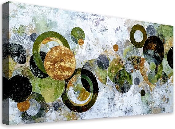 JLXART Abstract Canvas Wall Art Modern Green Gold and Black Circle Colorful Painting Textured Artwork Ready to Hang for Living Room, Bedroom, Office Decor 20x40inch
