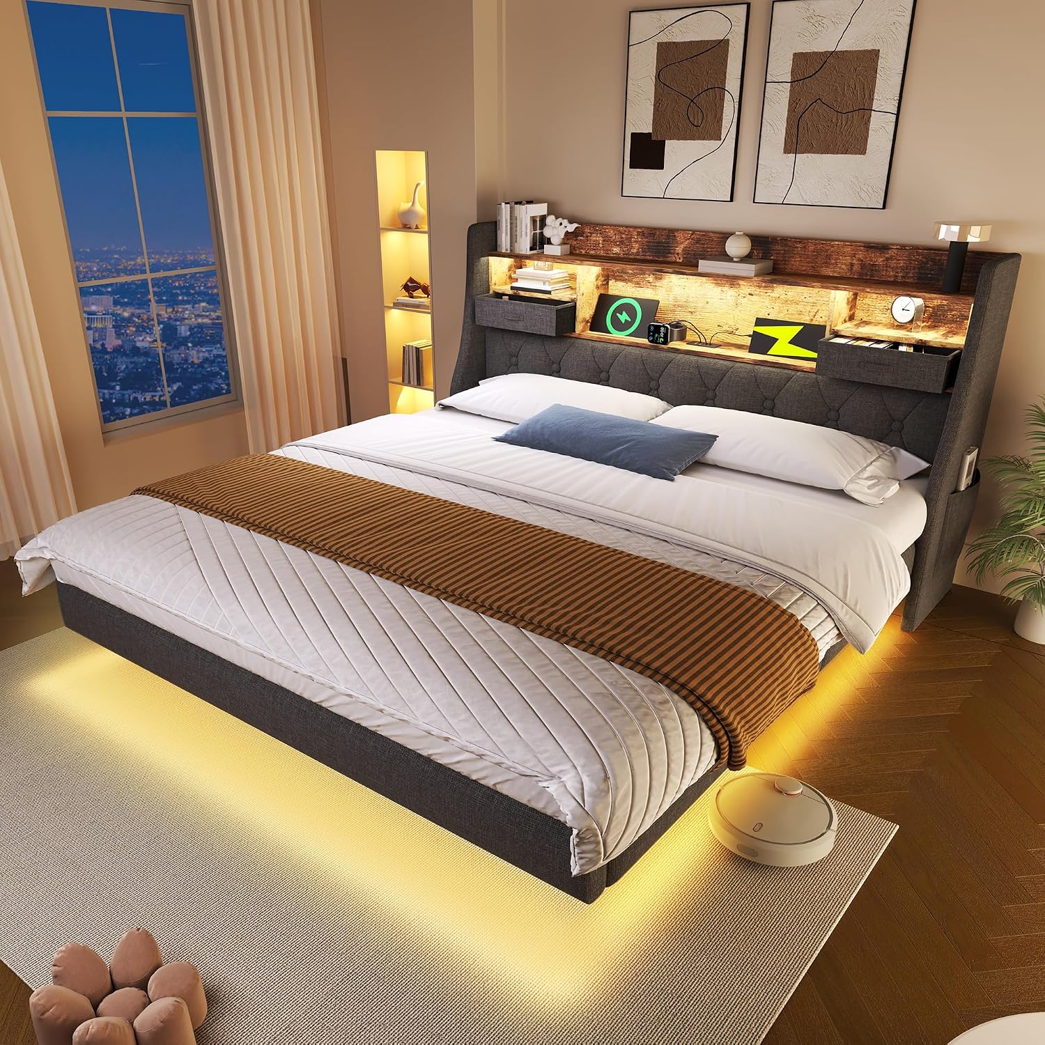 QQU King Size Bed Frame 5ft Floating Bed with LED Lighting, USB Type-C Charging, Storage Shelf Headboard with 2 drawer, 150 x 200cm, Upholstered Bed with Metal Slatted Frame, Linen, Grey