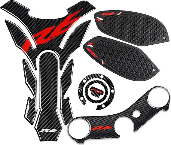 Real Carbon Fibre Gas Cap, Anti Slip sticker, Triple Tree Front End Upper, Top Clamp Decal Stickers, Tank Pad, Tank Protector for R6 600 2006-2016, 4 Pcs Per Set
