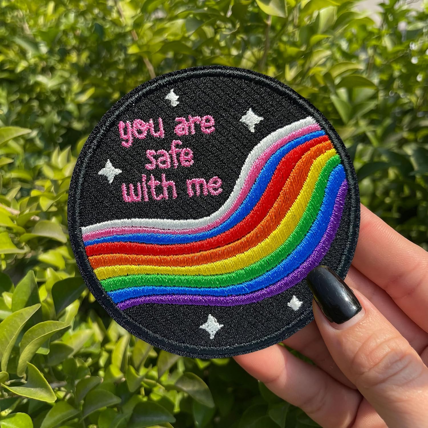 You are Safe with Me Patch 3 Inches LGBTQ LGBT Queer Trans Pride Rainbow Iron OnSew On Embroidery Fabric Applique Patches for Trucker Hats Clothes Backpack DIY Accessories Friends Mom Gifts
