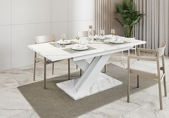 White Marble Extendable Dining Table 6-8 Seater, Kitchen Dinner Table