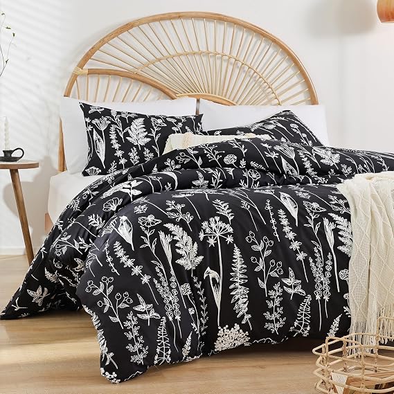 Janzaa 3 Pieces Queen Duvet Cover, Black Duvet Cover with White Plant Floral Microfiber Soft Queen Bedding Set with Zipper Closure & 2 Pillow Cases