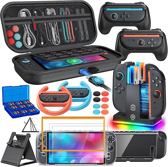 FYOUNG Switch 2 Accessories, 23 IN 1 Case Bundle for Nintendo Switch 2 | Game Accessories Kit: Charge Inside Carrying Case,Controller Charger,Protective Shell,Grip for Joycon,Steering Wheel