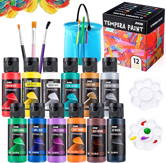 JOYIN Washable Tempera Paint Set for Kids 12PCS, Non Toxic Liquid Paint with 6 Brushes and 2 Palettes - Art Supply for Kids for Arts and Crafts Project, Finger Painting (2 oz Each), Easter Basket Stuffers