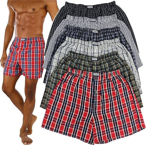 ToBeInStyle Men's Pack of 3 or 6 Button Fly Loose Fit Tartan Plaid Boxer Shorts