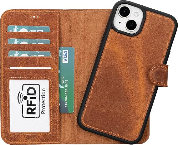 iPhone 15 Plus ile uyumlu Hakiki Deri Cüzdan Kılıf - Kart Yuvalı, Tam Koruma, MagSafe Uyumlu, RFID Korumalı, Stantlı, Güçlü Manyetik Kapama - Üniseks (Antik Kahverengi)