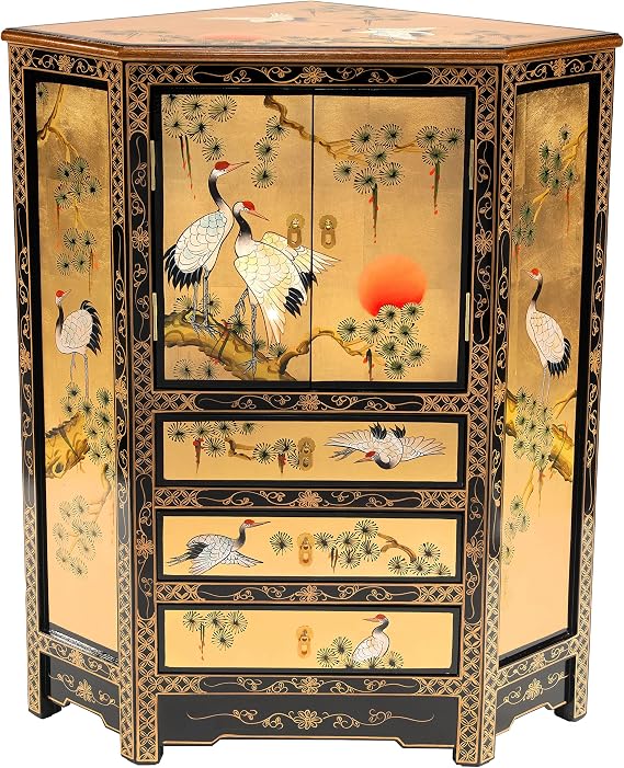 Red Lantern Hand Crafted Artisanal Gold Lacquer Corner Cabinet - Cranes
